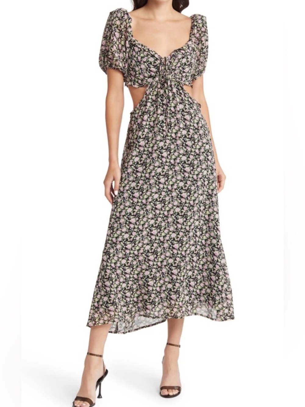 Astr Floral Puff-Sleeve Cutout Maxi Dress - Black & Pink